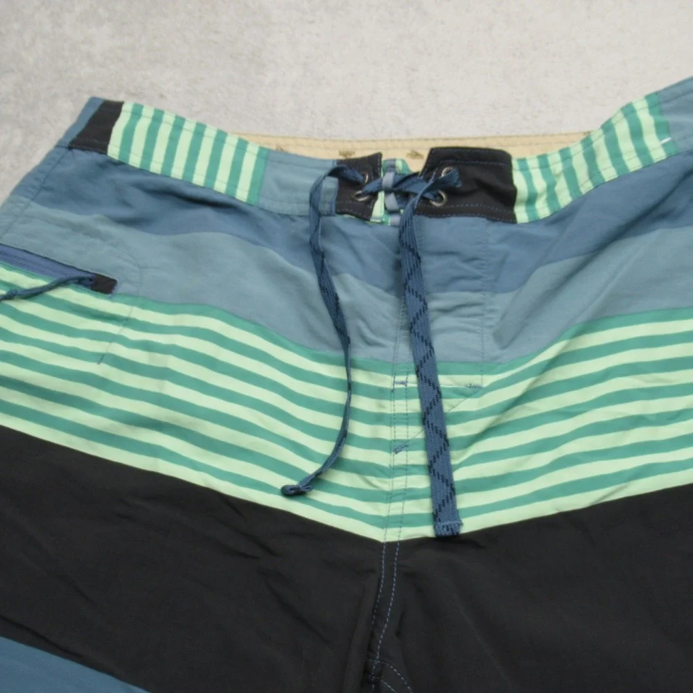 Patagonia‎ Wavefarer Boardshorts Mens 34 Blue Green Striped Pocket Lace Up Beach